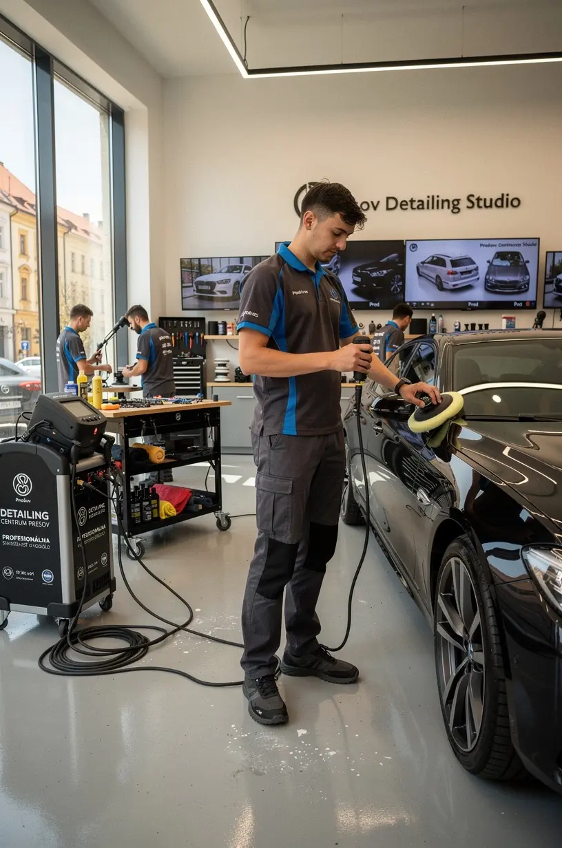 Skúsený technik vykonáva korekciu laku auta pomocou špeciálnych nástrojov v čistom pracovnom prostredí